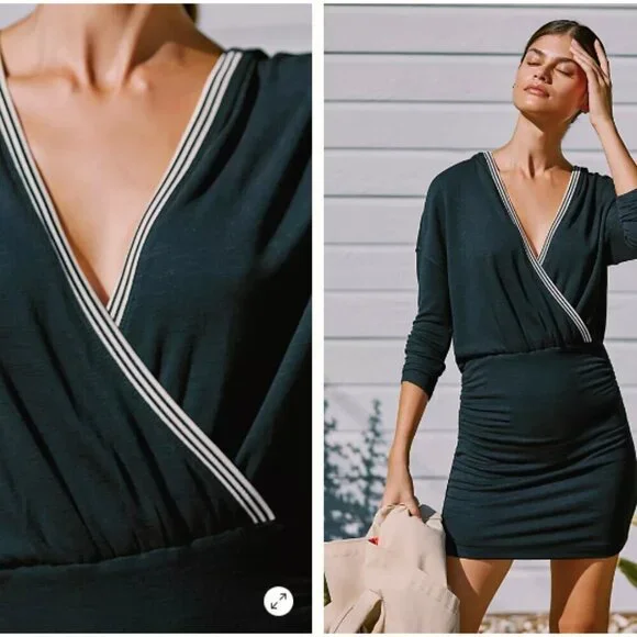 Anthropologie Daily Practice Ruched Knit Hooded Mini Dress Long Sleeves - Picture 2 of 10